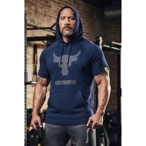 Under Armour Project Rock Brahma Bull Short Sleeve Hoodie Navy Blue Mens Large